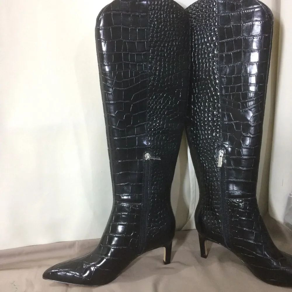NEW Marc Fisher LTD Quinnie Black Croc Embossed Knee High Boot Size 6.5 Unworn